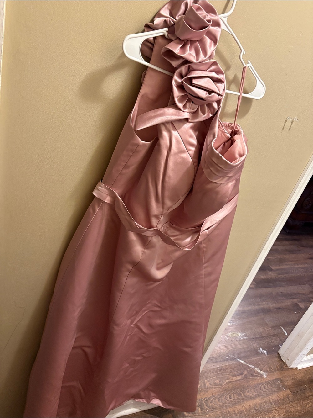 Blush Pink Satin Prom Gown with Floral Shoulder Detail